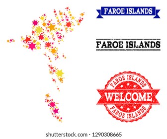 Mosaic map of Faroe Islands created with colored flat stars, and grunge textured stamps, isolated on an white background. Vector colored geographic abstraction of map of Faroe Islands with red,