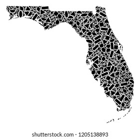 Mosaic map of Florida formed with black flat geometric figures, such as triangles, stars, rectangles, circles, ellipses, segments, sectors, rhombuses, squares, polygons, semi-circles.