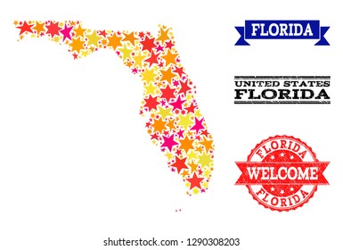 Mosaic map of Florida State composed with colored flat stars, and grunge textured stamps, isolated on an white background. Vector colorful geographic abstraction of map of Florida State with red,