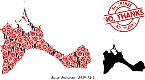 Mosaic map of Formentera Island designed from flu virus elements and population items. No, Thanks textured stamp. Black men icons and red flu virus icons. No, Thanks text is inside round stamp.