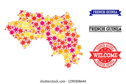 Mosaic map of French Guinea designed with colored flat stars, and grunge textured stamps, isolated on an white background. Vector colored geographic abstraction of map of French Guinea with red,