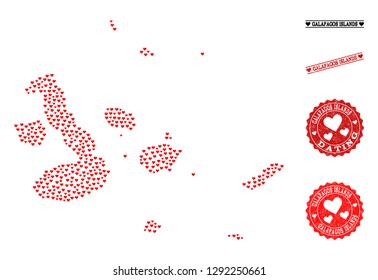 Mosaic map of Galapagos Islands composed with red love hearts, and grunge watermarks for Valentines day. Vector lovely geographic abstraction of map of Galapagos Islands with red romantic symbols.