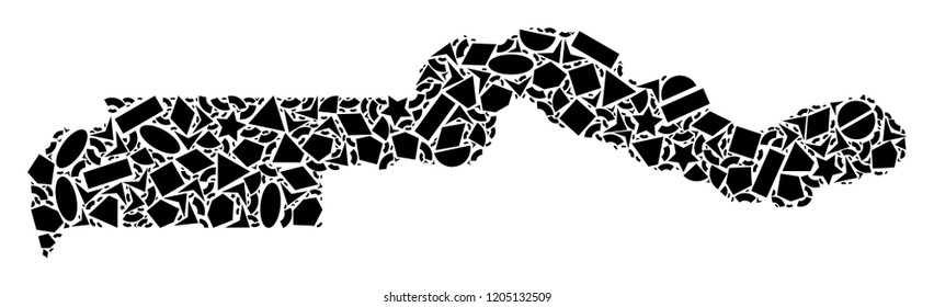 Mosaic map of the Gambia composed with black flat geometric figures, such as triangles, stars, rectangles, circles, ellipses, segments, sectors, rhombuses, squares, polygons, semi-circles.