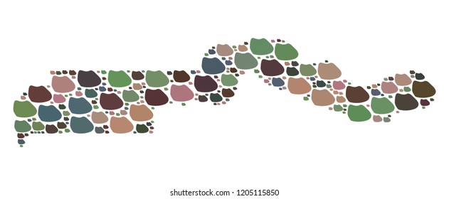 Mosaic map of the Gambia composed with colored flat concretions. Vector pied geographic abstraction of map of the Gambia.