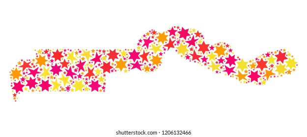 Mosaic map of the Gambia created with colored flat stars. Vector colored geographic abstraction of map of the Gambia with red, yellow, orange stars. Festive design for New Year illustrations.