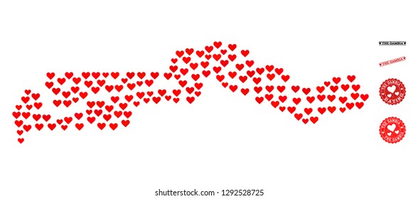 Mosaic map of the Gambia designed with red love hearts, and grunge stamp seals for Valentines day. Vector lovely geographic abstraction of map of the Gambia with red dating symbols.
