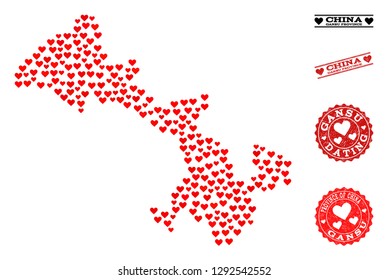 Mosaic map of Gansu Province designed with red love hearts, and rubber stamp seals for dating. Vector lovely geographic abstraction of map of Gansu Province with red dating symbols.