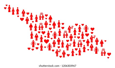Mosaic map of Georgia country created with red lovely men. Vector lovely geographic abstraction of map of Georgia country with red romantic symbols. Romantic flat design for dating projects.