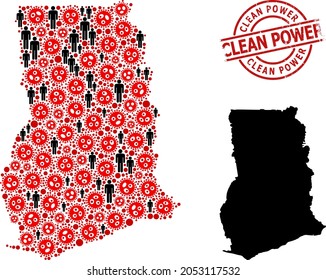 Mosaic map of Ghana composed of virus items and people items. Clean Power grunge seal. Black people items and red sars virus elements. Clean Power title is inside round seal stamp.