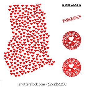 Mosaic map of Ghana formed with red love hearts, and grunge watermarks for Valentines day. Vector lovely geographic abstraction of map of Ghana with red romantic symbols.