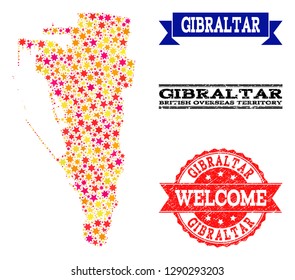 Mosaic map of Gibraltar designed with colored flat stars, and grunge textured stamps, isolated on an white background. Vector colored geographic abstraction of map of Gibraltar with red, yellow,