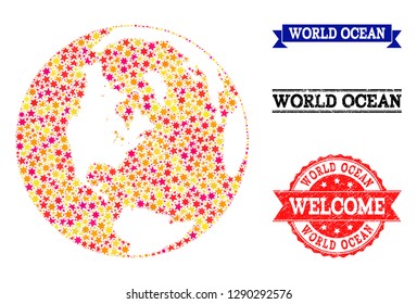 Mosaic map of global ocean composed with colored flat stars, and grunge textured stamps, isolated on an white background. Vector colored geographic abstraction of map of global ocean with red, yellow,