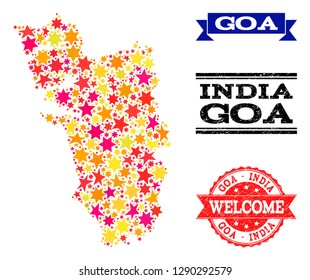 Mosaic map of Goa State composed with colored flat stars, and grunge textured stamps, isolated on an white background. Vector colored geographic abstraction of map of Goa State with red, yellow,