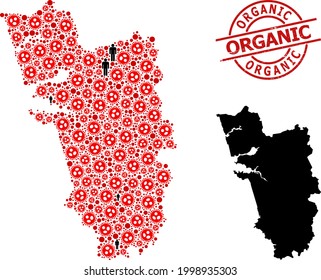 Mosaic map of Goa State constructed from covid-2019 elements and demographics elements. Organic scratched seal stamp. Black people elements and red sars virus items.