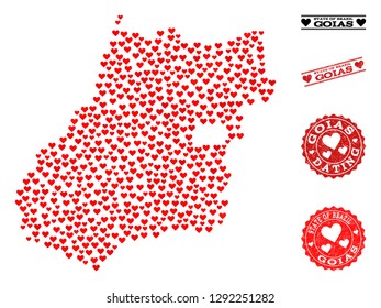 Mosaic map of Goias State formed with red love hearts, and rubber watermarks for dating. Vector lovely geographic abstraction of map of Goias State with red dating symbols.