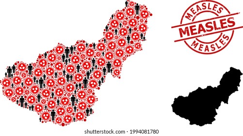 Mosaic map of Granada Province organized from viral elements and demographics elements. Measles textured seal. Black people items and red viral elements. Measles caption inside round seal.