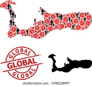 Mosaic map of Grand Cayman Island designed from covid infection items and humans elements. Global grunge seal stamp. Black crowd elements and red covid infection items.