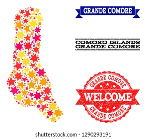 Mosaic map of Grande Comore Island created with colored flat stars, and grunge textured stamps, isolated on an white background.