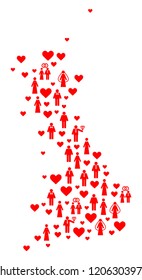 Mosaic map of Great Britain composed with red wedding men and women. Vector lovely geographic abstraction of map of Great Britain with red valentine symbols. Romantic flat design for wedding purposes.