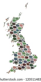 Mosaic map of Great Britain formed with colored flat pebbles. Vector varicolored geographic abstraction of map of Great Britain.