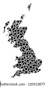 Mosaic map of Great Britain formed with black flat geometric figures, such as triangles, stars, rectangles, circles, ellipses, segments, sectors, rhombuses, squares, polygons, semi-circles.
