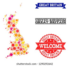 Mosaic map of Great Britain formed with colored flat stars, and grunge textured stamps, isolated on an white background. Vector colored geographic abstraction of map of Great Britain with red, yellow,