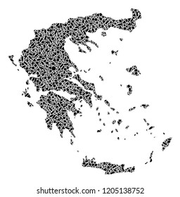 Mosaic map of Greece created with black flat geometric figures, such as triangles, stars, rectangles, circles, ellipses, segments, sectors, rhombuses, squares, polygons, semi-circles.