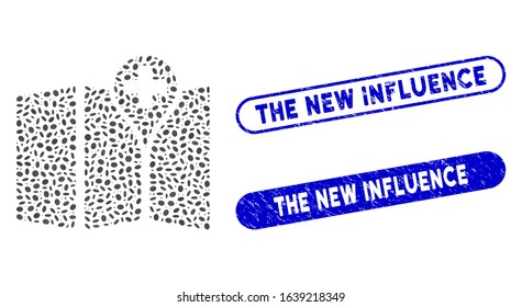 Mosaic map and grunge stamp seals with The New Influence caption. Mosaic vector map is composed with scattered elliptic pieces. The New Influence stamp seals use blue color,
