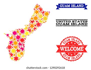 Mosaic map of Guam Island composed with colored flat stars, and grunge textured stamps, isolated on an white background. Vector colored geographic abstraction of map of Guam Island with red, yellow,