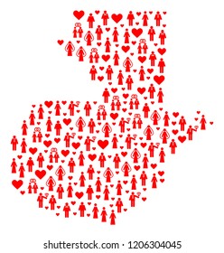Mosaic map of Guatemala created with red lovely wives and husbands. Vector lovely geographic abstraction of map of Guatemala with red romantic symbols. Romantic flat design for marriage illustrations.