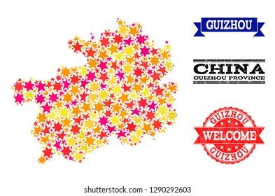 Mosaic map of Guizhou Province composed with colored flat stars, and grunge textured stamps, isolated on an white background. Vector colored geographic abstraction of map of Guizhou Province with red,