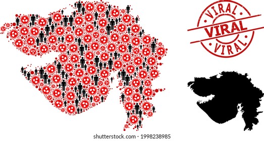Mapa mosaico del estado de Gujarat unido de elementos del virus SARS y elementos de población. Sello de peligro viral. Iconos de personas negras e iconos rojos del virus SARS. Texto viral dentro del sello redondo.