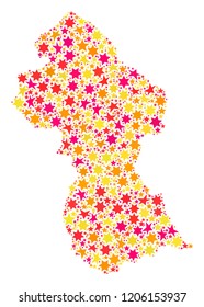 Mosaic map of Guyana composed with colored flat stars. Vector colored geographic abstraction of map of Guyana with red, yellow, orange stars. Festive design for Christmas illustrations.