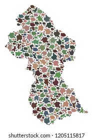 Mosaic map of Guyana created with colored flat concretions. Vector varicolored geographic abstraction of map of Guyana.