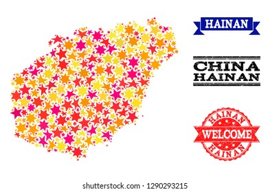 Mosaic map of Hainan Island created with colored flat stars, and grunge textured stamps, isolated on an white background. Vector colorful geographic abstraction of map of Hainan Island with red,
