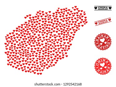 Mosaic map of Hainan Island designed with red love hearts, and rubber stamp seals for dating. Vector lovely geographic abstraction of map of Hainan Island with red romantic symbols.