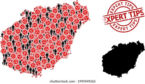 Mosaic map of Hainan Island organized from sars virus icons and humans items. Expert Tips scratched seal stamp. Black crowd symbols and red sars virus icons. Expert Tips message inside round stamp.