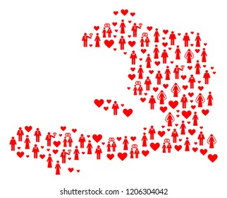 Mosaic map of Haiti created with red lovely men. Vector lovely geographic abstraction of map of Haiti with red marriage symbols. Romantic flat design for marriage applications.
