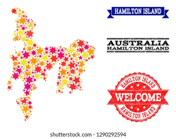 Mosaic map of Hamilton Island composed with colored flat stars, and grunge textured stamps, isolated on an white background. Vector colored geographic abstraction of map of Hamilton Island with red,