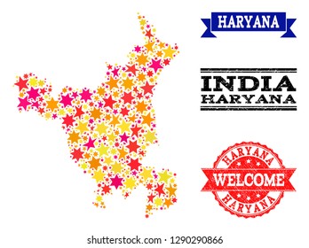 Mosaic map of Haryana State designed with colored flat stars, and grunge textured stamps, isolated on an white background. Vector colored geographic abstraction of map of Haryana State with red,