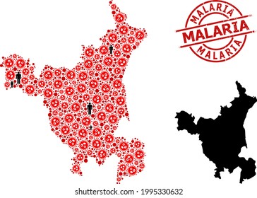 Mosaic Map Of Haryana State United From Covid Virus Items And Demographics Items. Malaria Grunge Seal Stamp. Black People Items And Red Virus Items. Malaria Phrase Is Inside Round Seal Stamp.