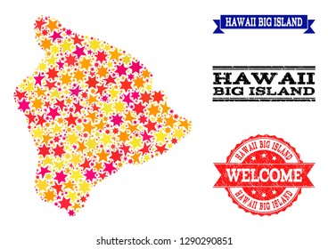 Mosaic map of Hawaii Big Island created with colored flat stars, and grunge textured stamps, isolated on an white background.