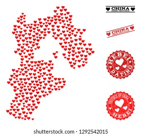 Mosaic map of Hebei Province formed with red love hearts, and rubber stamp seals for Valentines day. Vector lovely geographic abstraction of map of Hebei Province with red romantic symbols.