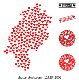 Mosaic map of Hesse State designed with red love hearts, and rubber watermarks for dating. Vector lovely geographic abstraction of map of Hesse State with red dating symbols.