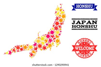 Mosaic map of Honshu Island composed with colored flat stars, and grunge textured stamps, isolated on an white background. Vector colored geographic abstraction of map of Honshu Island with red,