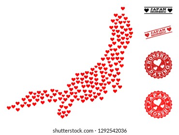 Mosaic map of Honshu Island composed with red love hearts, and rubber watermarks for dating. Vector lovely geographic abstraction of map of Honshu Island with red wedding symbols.