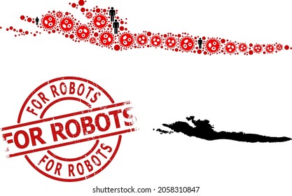 Mosaic map of Hvar Island composed of viral items and population items. For Robots scratched seal stamp. Black people symbols and red covid infection items.