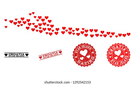 Mosaic map of Hvar Island formed with red love hearts, and rubber watermarks for Valentines day. Vector lovely geographic abstraction of map of Hvar Island with red romantic symbols.