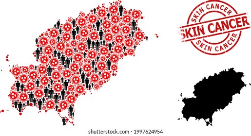 Mapa mosaico de la isla de Ibiza compuesto por elementos del virus sars y elementos de la gente. Sello texturado con cáncer de piel. Elementos de la gente negra y elementos del virus de la gripe roja. Título de cáncer de piel dentro del sello de sello de sello de sello de sello redondo.