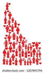 Mosaic map of Idaho State designed with red lovely men. Vector lovely geographic abstraction of map of Idaho State with red marriage symbols. Romantic flat design for marriage projects.